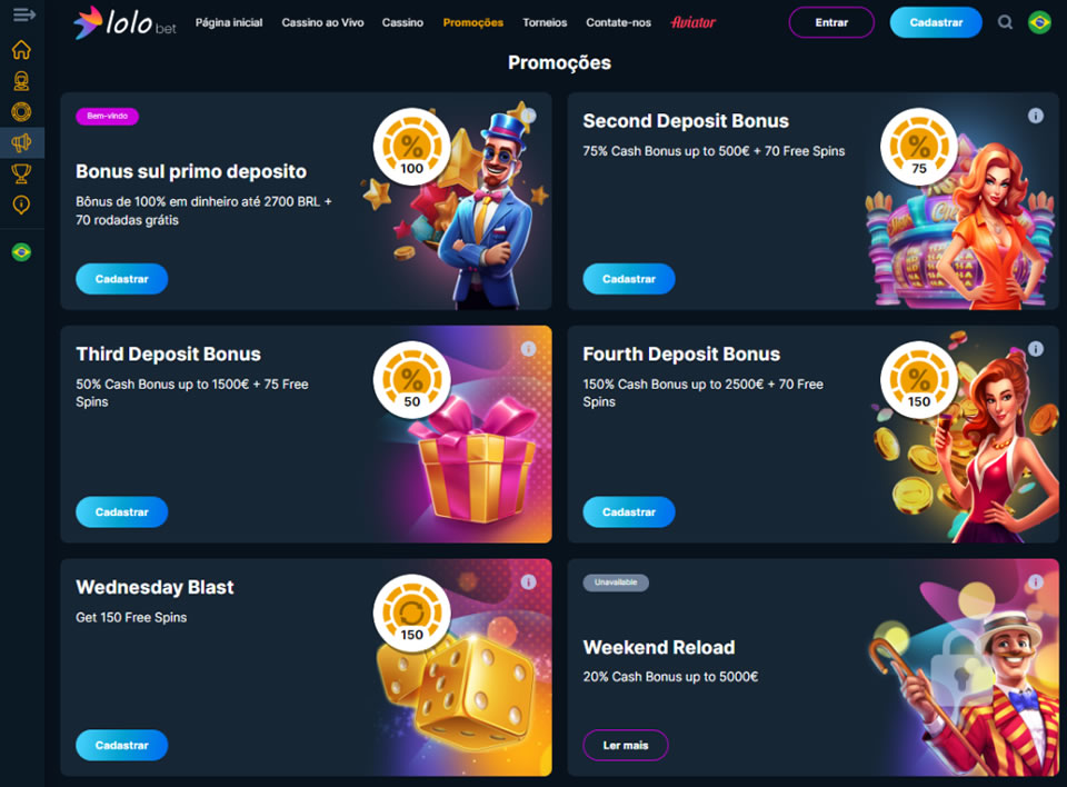 Com tantos jogos para escolher, não há melhor maneira de proporcionar aos seus visitantes uma experiência mais completa do que oferecendo bônus e promoções. No Lolo.bet Casino você encontrará o tradicional bônus de boas-vindas no seu primeiro depósito, bem como bônus no seu segundo, terceiro e quarto depósitos. Além da porcentagem do bônus em dinheiro, os clientes também podem receber rodadas grátis. Leia as informações sobre cada oferta e escolha a melhor. Lembre-se, para receber o bônus você precisa se cadastrar no site.